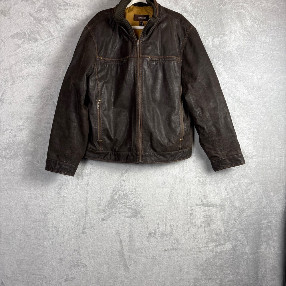 Danier Leather Jacket Full Zip Moto Bomber XL Brown Distressed Rugged Coat
